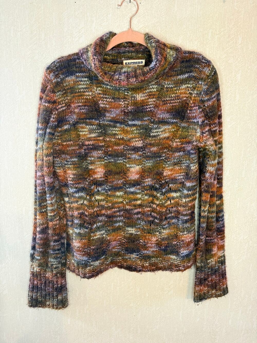 Vintage Express Space Dye Wool Blend Metallic Cowl Neck Sweater Size L Y2K